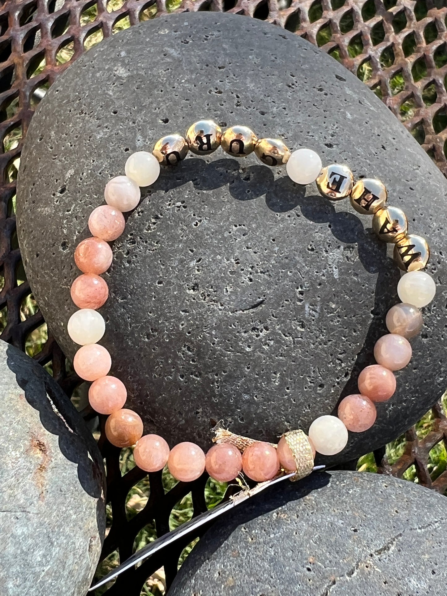 Peach Moonstone Mantra Power Stack Bracelet